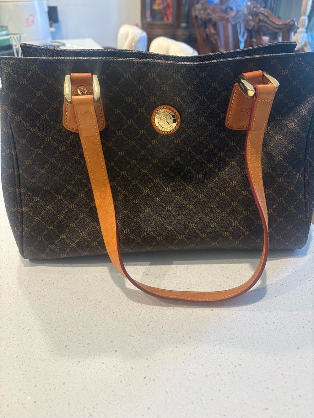 Rioni Brown Monogram Shoulder Bag with Tan Leather Straps
